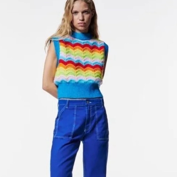 Zara Jackets & Blazers - Zara Rainbow Scalloped Knit Wool Alpaca
Blend Vest Blue Multi Size Medium